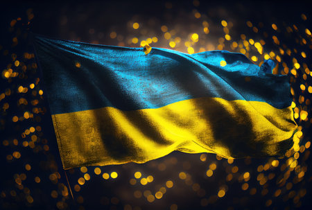 Ukraine flag with colorful shiny bokeh light background. Nation flag in the dark with illumination light. National day concept. Generative AIの素材