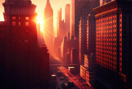 Beautiful cityscape view with sunlight in the sunset background. Downtown and tourism concept. Generative AIの素材