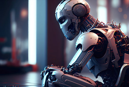 A humanoid robot sits contemplating on the side of a city street. Technology and Artificial intelligence concept. Generative AIの素材