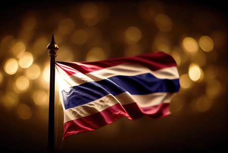 Thailand flag with colorful shiny bokeh light background. Nation flag in the dark with illumination light. National day concept. Generative AIの素材