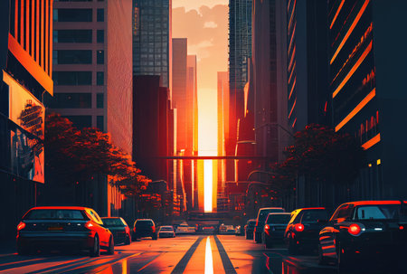 Beautiful cityscape view with sunlight in the sunset background. Downtown and tourism concept. Generative AIの素材