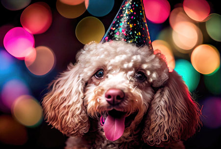 Closeup of portrait happy Poodle do wearing party hat for celebration with bokeh background. Animal and pet concept. Generative AIの素材