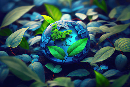 Beautiful Blue globe on the ground with decorating in summer season background. Beauty in nature and World Earth Day concept. Generative AIの素材