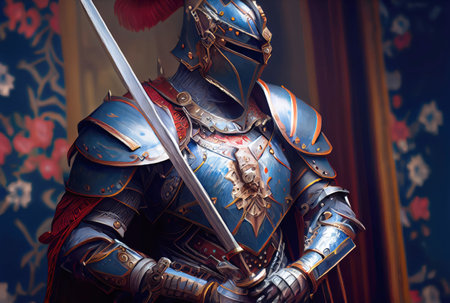 A knight in armor standing guard of the palace background. Medieval and Crusades war concept. Generative AIの素材
