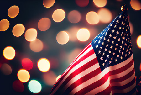 The United States of America USA flag with colorful shiny bokeh light background. Nation flag in the dark with illumination light. National day concept. Generative AIの素材