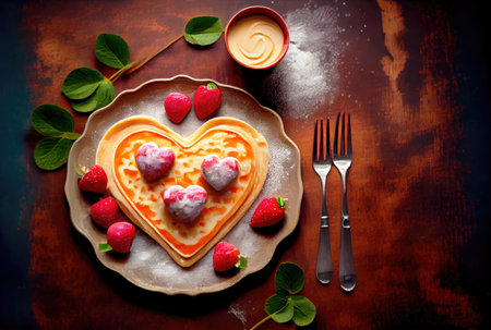 Strawberry pancake in heart shape on the dish in dinning table background. Food and dessert concept. Digital art illustration. Generative AIの素材