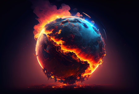 Burning earth with lava on dark background. Global warming and Environment conservation concept. Generative AIの素材