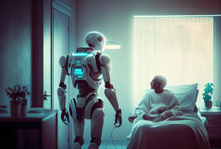Nursing care robots take care of elderly patients in hospitals. Medical technology and healthcare concept. Generative AIの素材