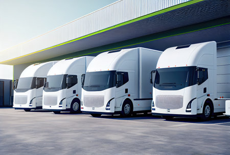 Delivery truck parking lot in warehouse at outdoor background. Transportation and business industry concept. Generative AIの素材