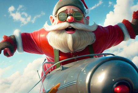 Santa Claus flying on a propeller plane above the blue sky and cloudy background. Merry Christmas and Happy new year concept. Digital art illustration. Generative AIの素材