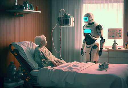 Nursing care robots take care of elderly patients in hospitals. Medical technology and healthcare concept. Generative AIの素材