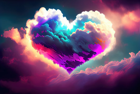 Colorful cloud in heart shape on the dawn sky background. Nature and Abstract concept. Generative AIの素材