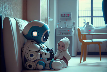Nursing care robots take care of young patient in hospitals. Medical technology and healthcare concept. Generative AIの素材