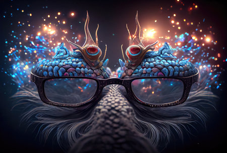 Chinese dragon with wisdom eyeglasses and colorful fireworks for New Year celebration. Zodiac and holiday concept. Generative AIの素材