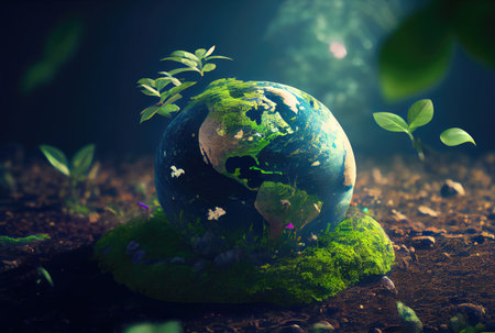 Beautiful Blue globe on the ground with decorating in summer season background. Beauty in nature and World Earth Day concept. Generative AIの素材