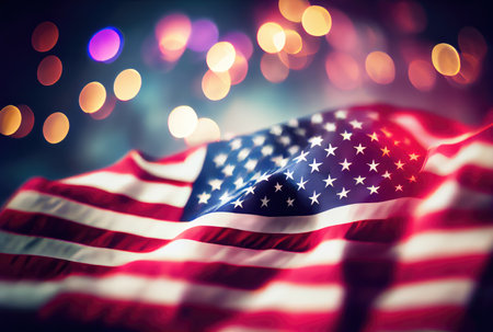 The United States of America USA flag with colorful shiny bokeh light background. Nation flag in the dark with illumination light. National day concept. Generative AIの素材