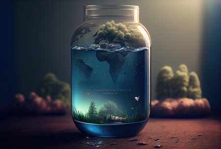 Earth in water bottle glass on the ground background. Environment and World savings concept. Digital art illustration. Generative AIの素材