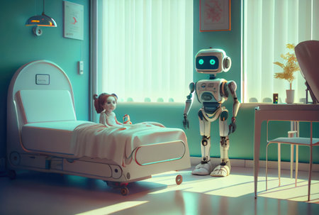 Nursing care robots take care of young patient in hospitals. Medical technology and healthcare concept. Generative AIの素材