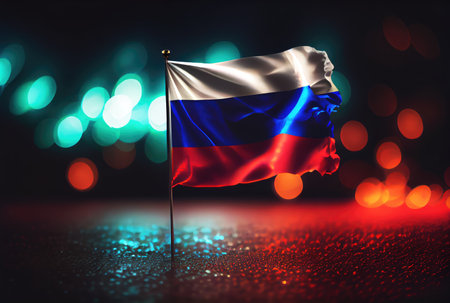 Russia flag with colorful shiny bokeh light background. Nation flag in the dark with illumination light. National day concept. Generative AIの素材