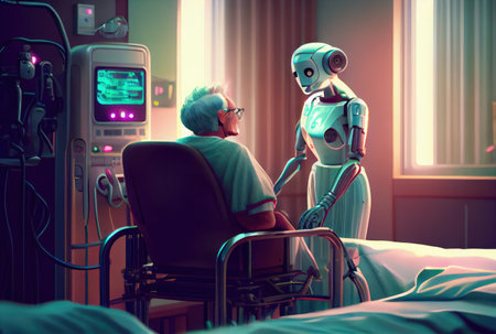 Nursing care robots take care of elderly patients in hospitals. Medical technology and healthcare concept. Generative AIの素材