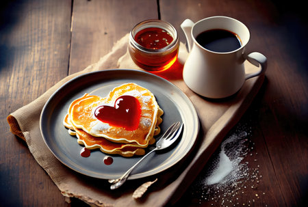 Strawberry pancake in heart shape on the dish in dinning table background. Food and dessert concept. Digital art illustration. Generative AIの素材