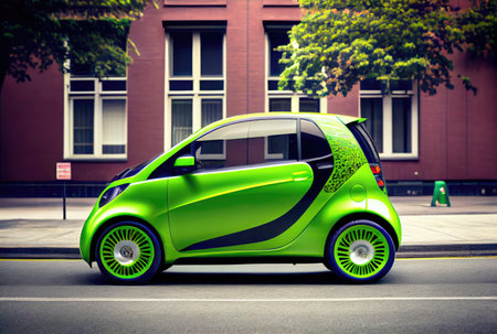 Green future car on the road in the city urban scene at day background. Technology and transportation concept. Generative AIの素材