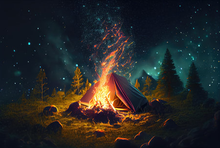 Campfire in the dark forest. Camping and Leisure hobbies activities concept. Generative AIの素材