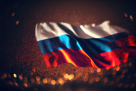 Russia flag with colorful shiny bokeh light background. Nation flag in the dark with illumination light. National day concept. Generative AIの素材