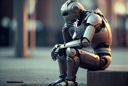 A humanoid robot sits contemplating on the side of a city street. Technology and Artificial intelligence concept. Generative AIの素材