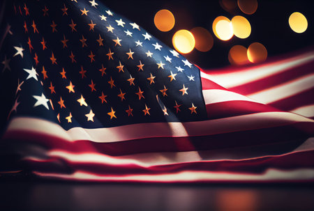The United States of America USA flag with colorful shiny bokeh light background. Nation flag in the dark with illumination light. National day concept. Generative AIの素材