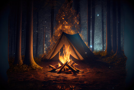 Campfire in the dark forest. Camping and Leisure hobbies activities concept. Generative AIの素材