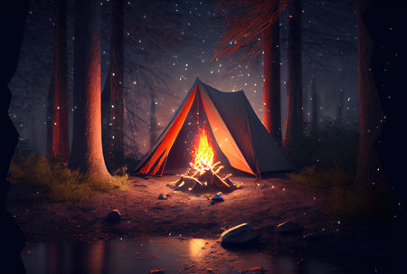 Campfire in the dark forest. Camping and Leisure hobbies activities concept. Generative AIの素材