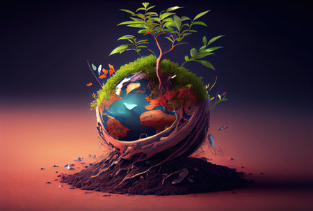 Beautiful Blue globe on the ground with decorating in summer season background. Beauty in nature and World Earth Day concept. Generative AIの素材