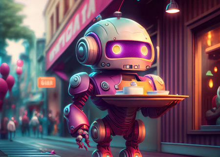 Cute robot eating food in the restaurant background. Technology and food concept. Generative AIの素材