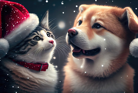 Happy Cat and Dog in Santa Claus costume with bokeh light and snowflakes background. Animal and Christmas day concept. Generative AIの素材