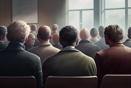 Back view of participants are sitting and listening to lectures from the instructors in the training seminar in the university workshop. People and Education learning concept. Generative AIの素材