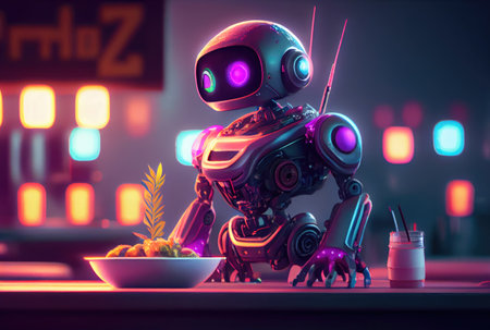 Cute robot eating food in the restaurant background. Technology and food concept. Generative AIの素材