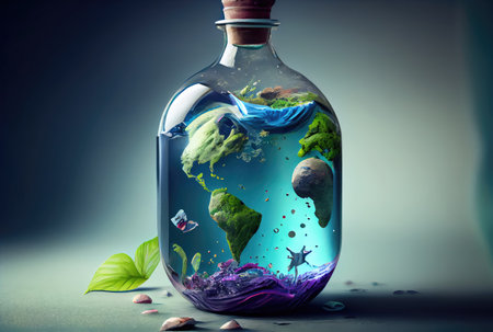 Earth in water bottle glass on the ground background. Environment and World savings concept. Digital art illustration. Generative AIの素材