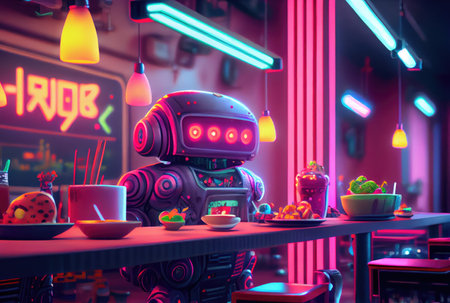 Cute robot eating food in the restaurant background. Technology and food concept. Generative AIの素材