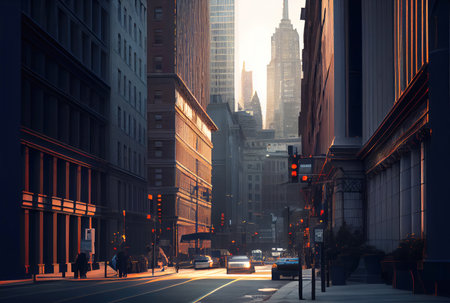 Beautiful cityscape view with sunlight in the sunset background. Downtown and tourism concept. Generative AIの素材