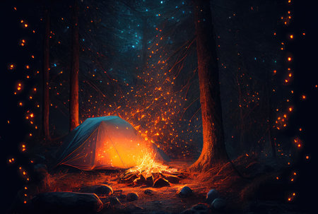 Campfire in the dark forest. Camping and Leisure hobbies activities concept. Generative AIの素材