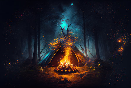 Campfire in the dark forest. Camping and Leisure hobbies activities concept. Generative AIの素材