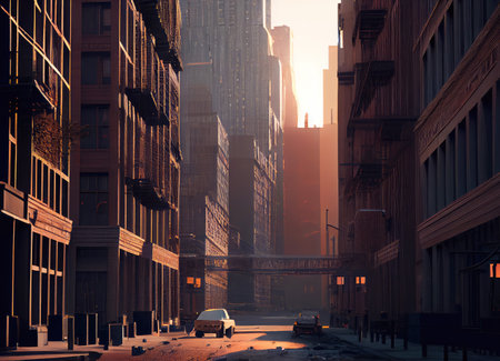 Beautiful cityscape view with sunlight in the sunset background. Downtown and tourism concept. Generative AIの素材
