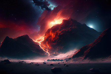 Meteorites hit the planet, causing lava and fire to erupt from its surface. Nature and disaster concept. Generative AIの素材