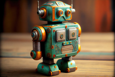 Retro tin robot toy on the minimal background. Playful and fun concept. Generative AIの素材