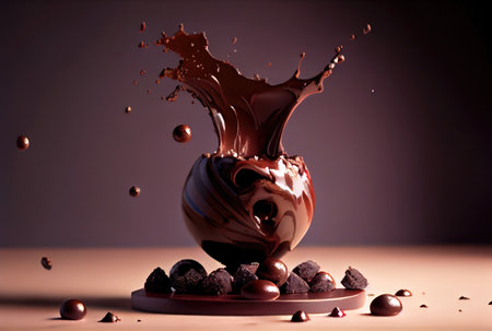 Dark chocolate ball falling on the chocolate dip and splashing on dark background. Food and dessert concept. Generative AIの素材