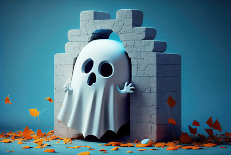 Cute spooky fabric ghost doing hide and seek in Halloween party background. Funny character art concept. and Generative AIの素材
