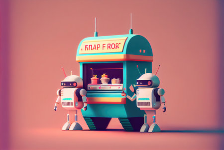 Robot food vending machine kiosk and restaurant shop on modern background. Technology and business concept. Generative AIの素材