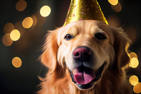 Closeup of portrait happy Golden Retriever dog wearing party hat for celebration with bokeh background. Animal and pet concept. Generative AIの素材