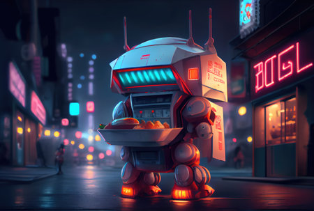 Mobile robot fast food vending machine stall kiosk and restaurant shop on modern background. Technology and business concept. Generative AIの素材